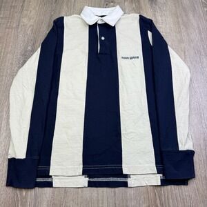 Noon Goons Mens Navy White Bold Striped Logo Long Sleeve H-Low Hem Polo Shirt XS